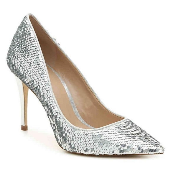 Aldo Uloaviel Silver Sequin Pointed Toe Stiletto High Heel Pumps Flip 37 / 6.5 - Picture 2 of 9